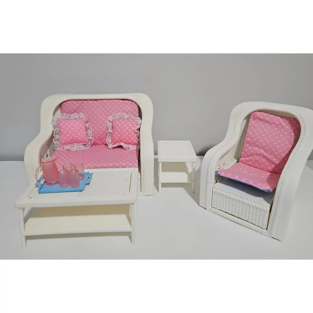 Vintage Barbie Wicker Living Room Set Couch Table Chair Furniture Mattel 1983